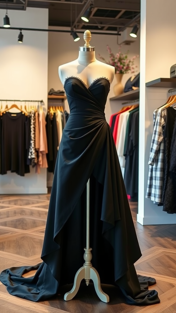 Asymmetrical black dress displayed on a mannequin in a boutique.