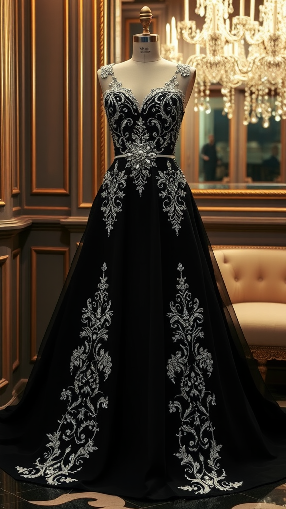 A stunning black and silver embellished dress displayed elegantly.