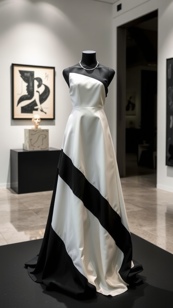 A black and white contrast gown displayed elegantly on a mannequin.