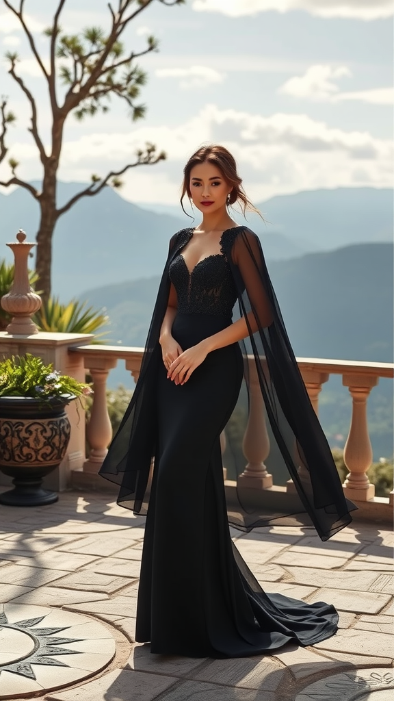 A woman in a black dress with cape detail standing outdoors with a scenic background.