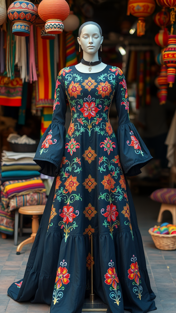 Black gown with colorful floral embroidery on display