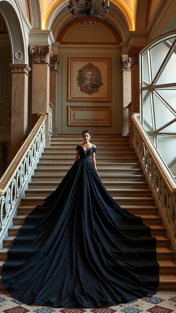 A woman wearing a black gown with a dramatic train, standing on a staircase.