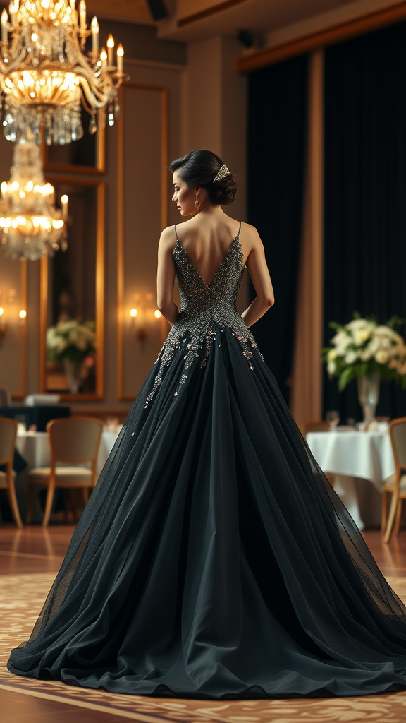 A woman wearing a black gown with an embellished bodice stands elegantly in a formal setting.