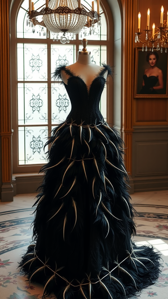 A black gown with feather details displayed elegantly in an upscale setting.