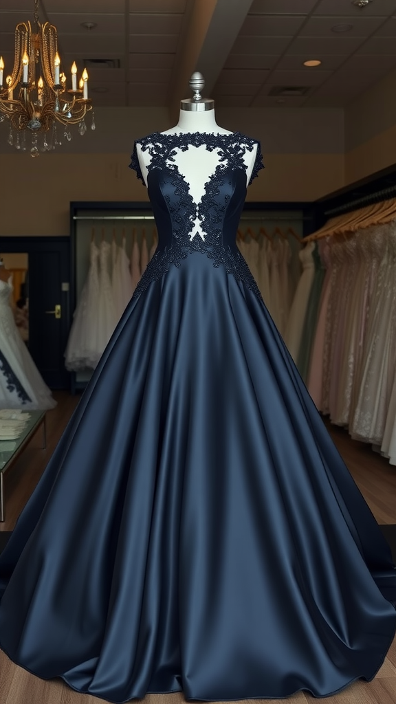 A black gown with a high neckline displayed on a mannequin in a bridal shop.