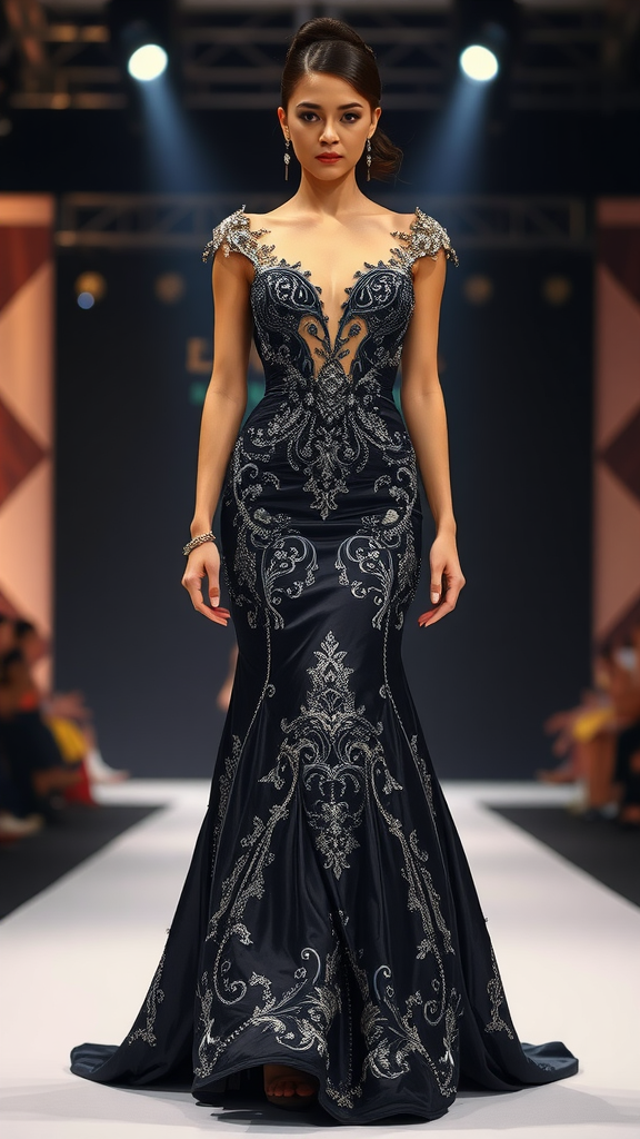 A model walking the runway in a luxurious black gown with metallic embellishments.