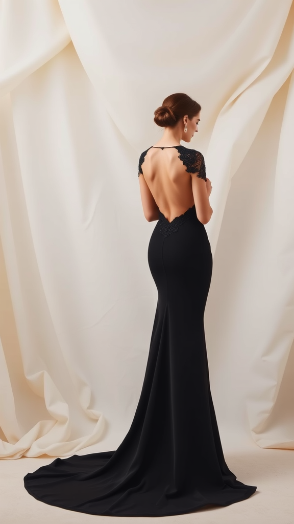 A woman wearing a black gown with an open back, showcasing a sophisticated and elegant look.