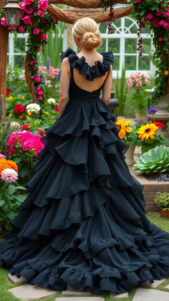 Elegant black gown with ruffles, showcasing a dramatic back view in a garden setting.