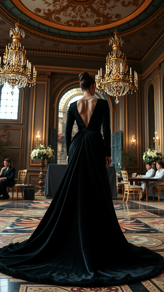 A woman in a black velvet wedding dress with a long train, standing in a beautifully decorated venue.