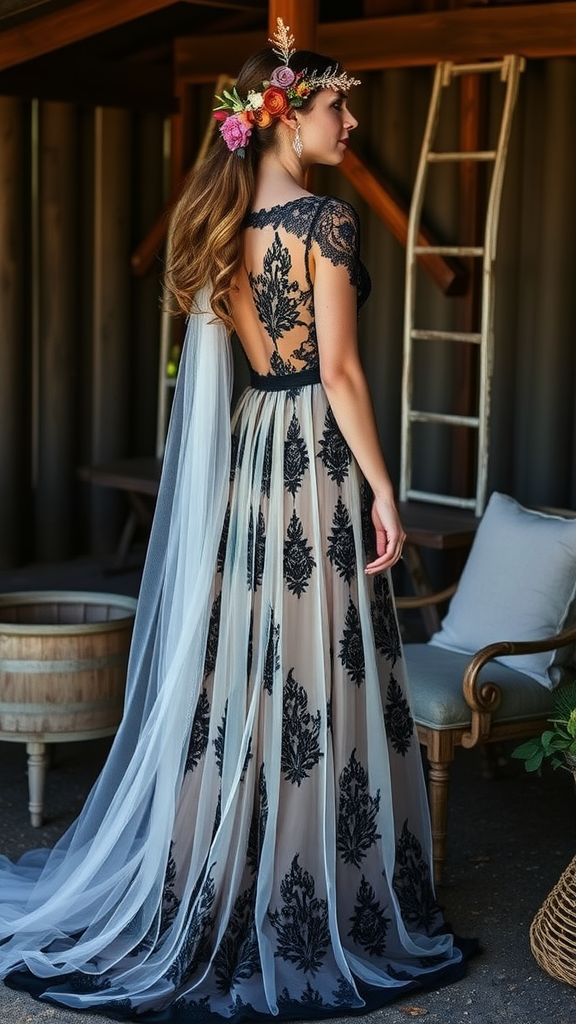 A woman wearing a bohemian black lace gown with floral accessories, showing the back view.