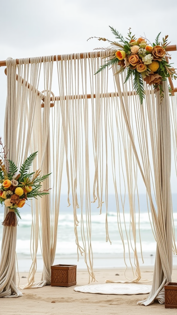 Macramé backdrop with flowers on a beach