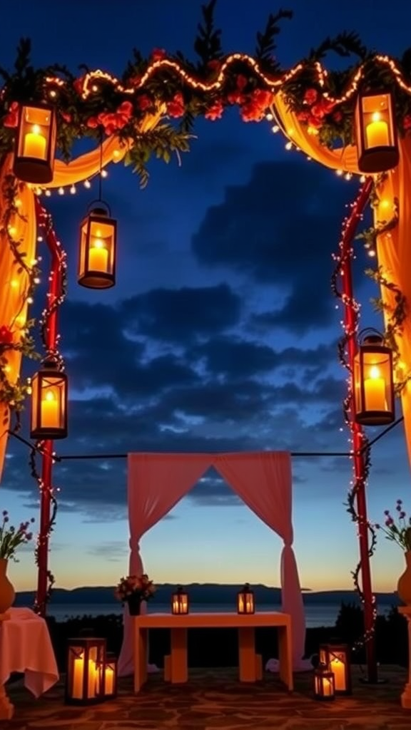 An outdoor setup with lanterns and candles under a sunset sky, creating a warm and inviting atmosphere.