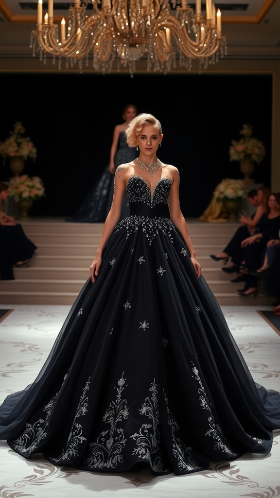 A model showcasing a chic black ball gown with intricate details on a runway.