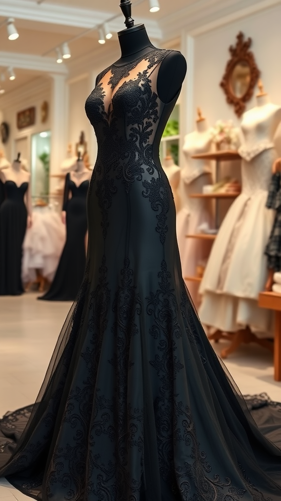 A beautiful black gown with lace detailing displayed in a boutique