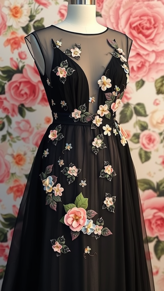 Close-up of a black gown with floral appliqués on a mannequin