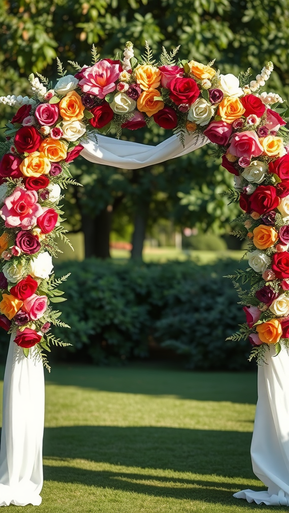 A beautiful floral arch adorned with roses and other flowers, creating a romantic setting.