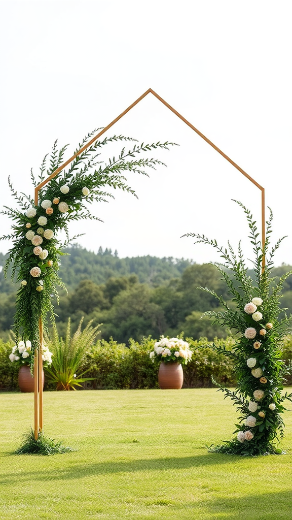 A geometric arch adorned with flowers and greenery in a garden setting.