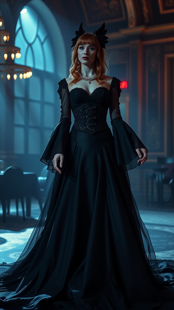 A gothic-inspired black wedding dress featuring a fitted bodice and flowing skirt, displayed in a dimly lit room.