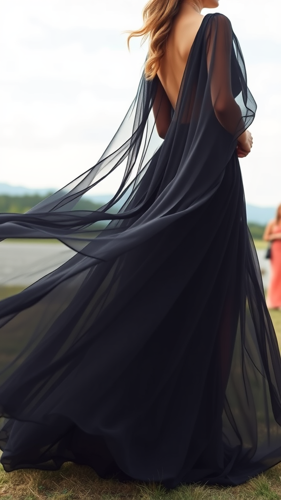 A model wearing a layered black chiffon dress, showcasing its flowing design.