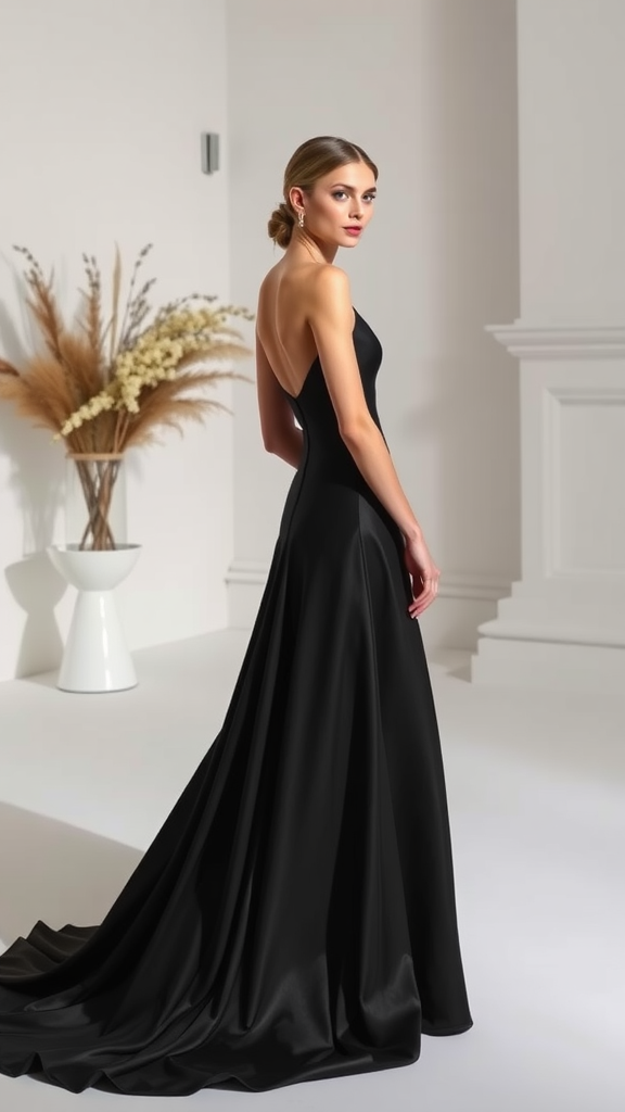 A stylish model wearing a modern black A-line dress, showcasing a simple and elegant design.