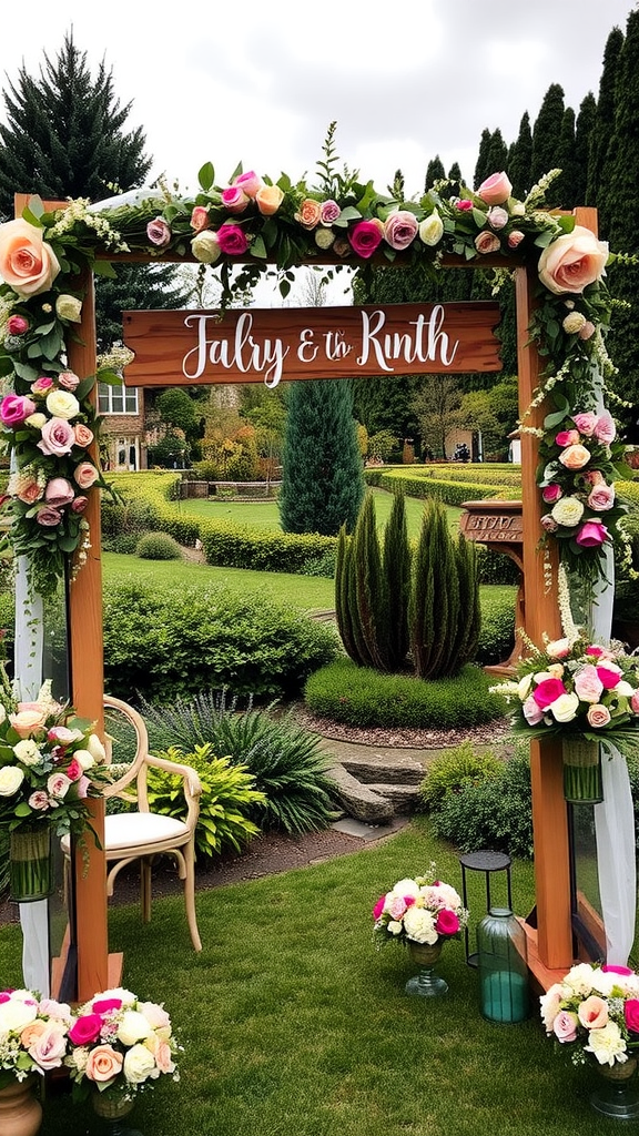 A floral arch with a wooden sign that reads 'Julry & th' Kinth' in a garden setting.