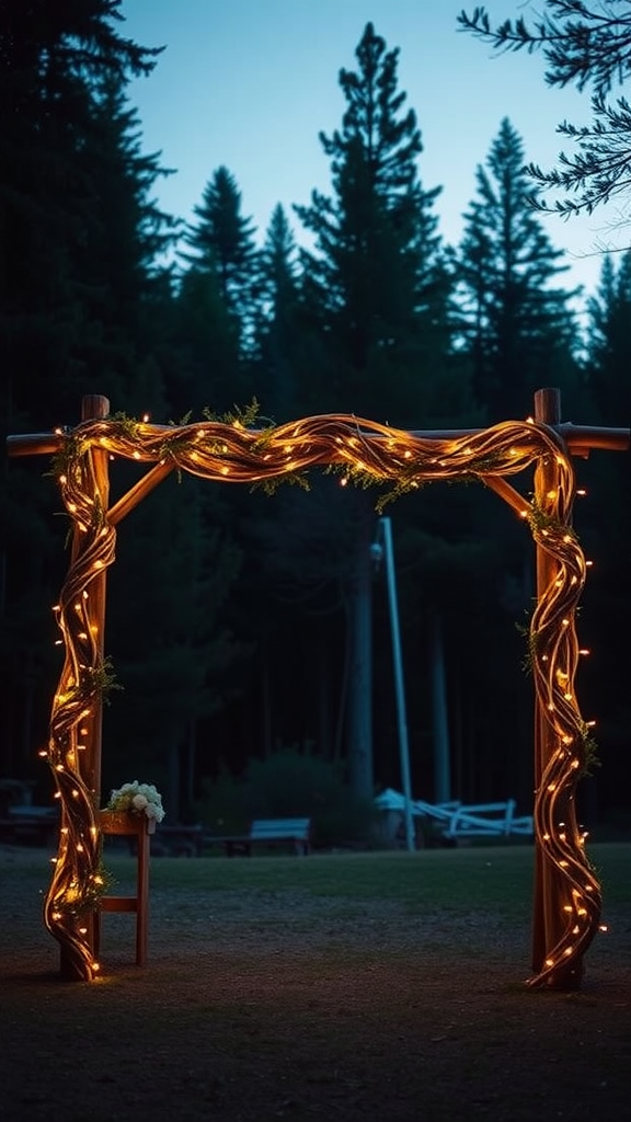 Rustic wooden arch decorated with twinkling lights in a forest setting