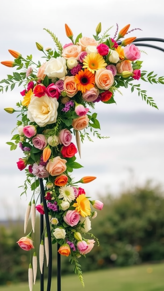 A colorful floral arrangement featuring various flowers like roses, daisies, and lilies.