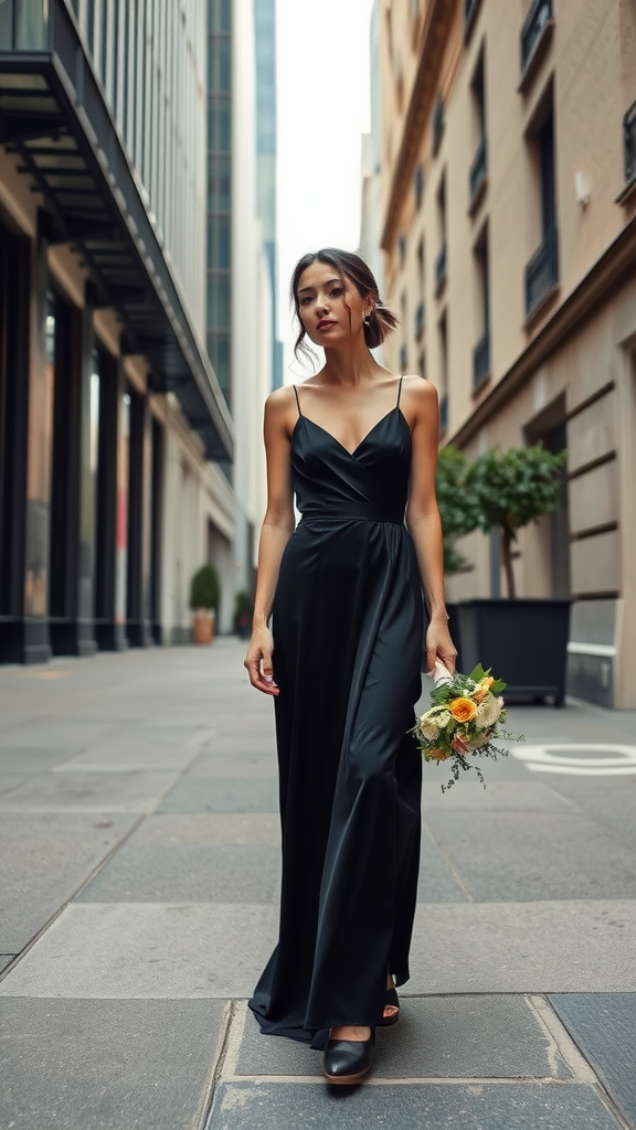 A woman in a black slip dress walking down a city street holding a bouquet of flowers.