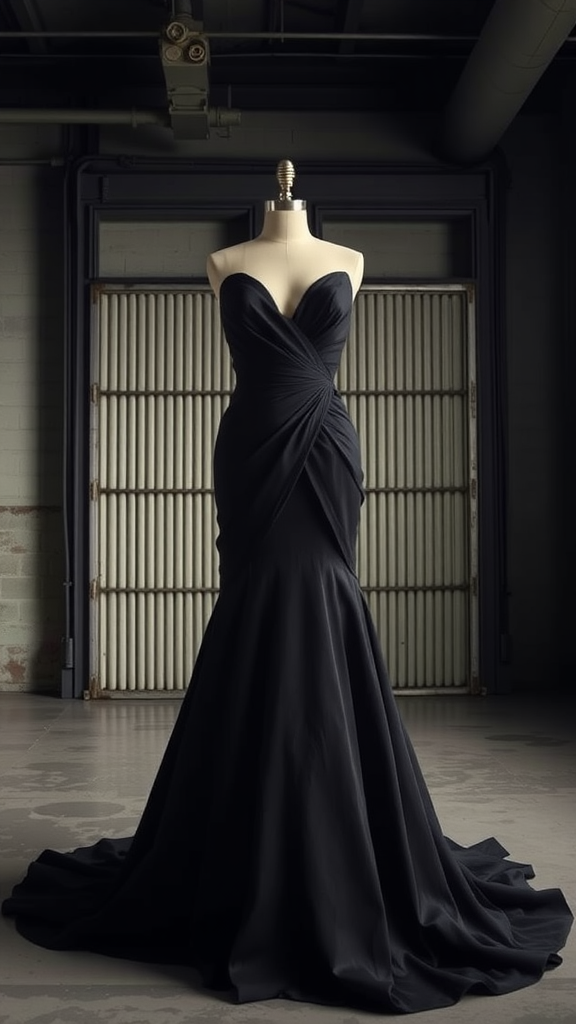 A structured black wedding gown displayed on a mannequin.