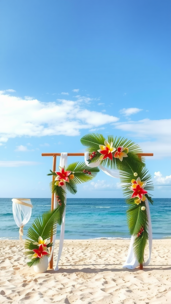 Tropical wedding arch decorated with palm leaves and flowers on a beach.