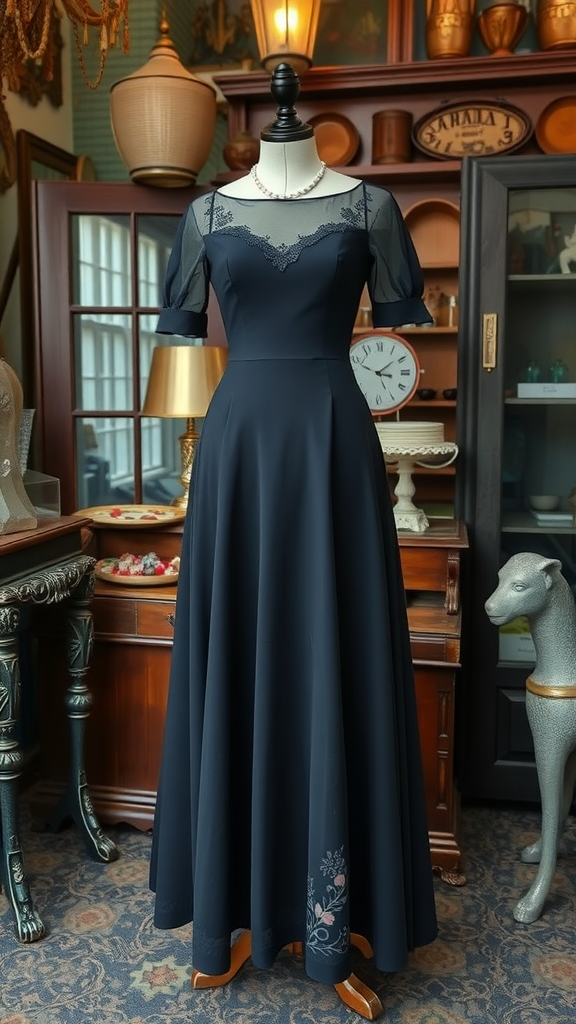 Vintage black tea-length gown with sheer puff sleeves displayed in a charming vintage setting.